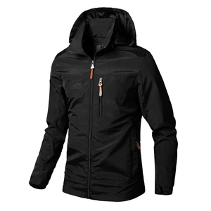 Men's black windproof hooded outdoor jacket with orange zipper details and multiple pockets