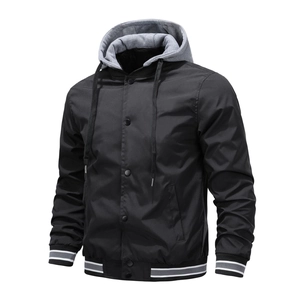 Men's black bomber jacket with removable grey hood and striped rib-knit trims
