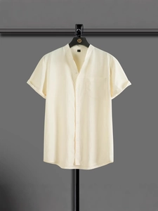 Men's American Retro Short Sleeve Henley Shirt Textured Fabric Casual Summer Mandarin Collar Top With Breast Pocket Rice White