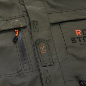 Men's outdoor army green jacket featuring tactical flap pockets and orange zipper details