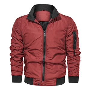 Classic men's burgundy bomber jacket with black ribbed stand collar and sleeve pocket