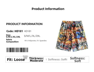 Detailed size chart and fabric specifications for men's graffiti print beach shorts