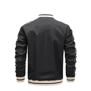 Back view of a black men's sports jacket featuring ribbed cuffs with white stripes
