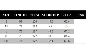 Size chart for men's embroidered pullover hoodie showing measurements from S to XXL