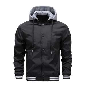 Men's hooded windbreaker jacket with baseball collar and black-gray contrast color
