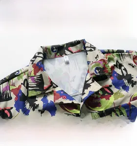 Detail of classic notched collar and colorful graffiti print on men casual shirt