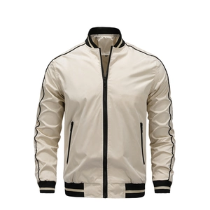 Men's casual beige bomber jacket with striped ribbed trim and sleek sleeve detailing