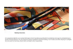Close-up of beach shorts drawstring and graffiti print with washing instructions