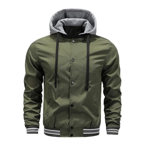 Men's olive green hooded baseball jacket with detachable grey hood and snap buttons
