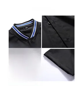 Detail view of black polo shirt featuring striped rib collar and blue number 99 patch
