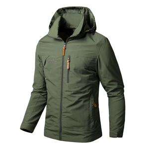 Close-up of military green outdoor hooded jacket with vertical zipper pocket and logo