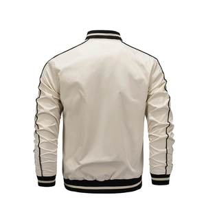 Back view of a casual off-white baseball jacket with black sleeve stripes and ribbed edges