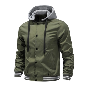 Army green men's bomber jacket with grey detachable hood and striped ribbed cuffs