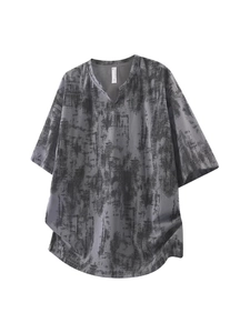 T-shirt homme col V ample avec imprimé tie-dye abstrait gris et style vintage délavé