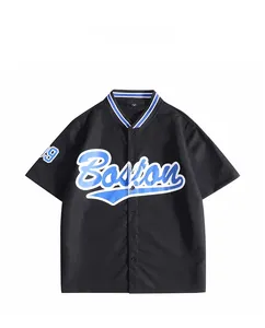 Detail of Boston logo and striped V-neck on black short sleeve baseball jersey shirt