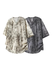 T-shirt homme ample à col en V avec motif tie-dye vintage et imprimé artistique abstrait