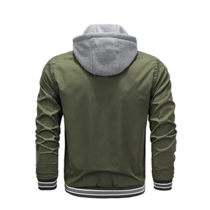 Army green casual hooded jacket for men with grey knit hood and striped ribbed cuffs