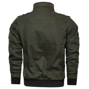 Detailed back view of military green bomber jacket with ribbed cuffs and shoulder epaulettes