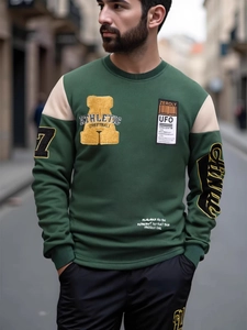 Men's dark green street style sweatshirt with athletic embroidery and contrast shoulders