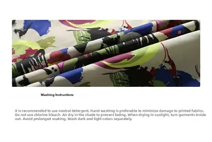 Macro shot of colorful graffiti print fabric detail with laundry care instructions below