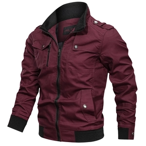Men's burgundy military cotton jacket with stand collar and shoulder epaulettes detail