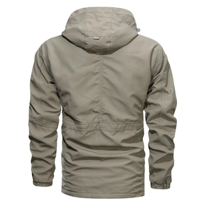 Men's khaki hooded windbreaker jacket with back stitching and elastic cuffs