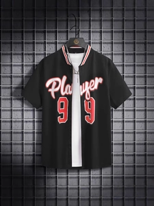 Chemise de Baseball à Manches Courtes pour Hommes Mélange de Coton Imprimé Sport Top Décontracté Style de Rue Américain