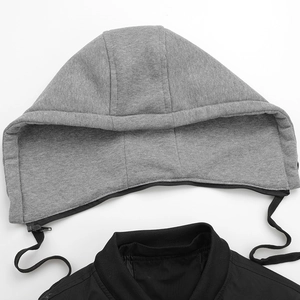 Detail of detachable grey knit hood with zipper on black casual baseball jacket