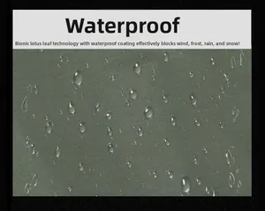 Macro shot of waterproof fabric texture showing water droplets on green jacket