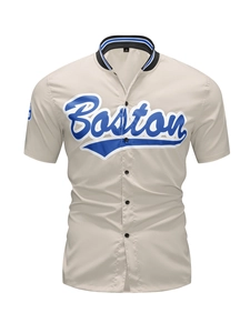 Camisa de béisbol beige para hombre con estampado de Boston y cuello de rayas