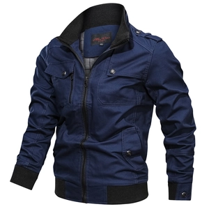 Classic dark blue workwear jacket for men with ribbed collar and canvas texture