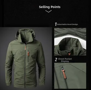 Army green outdoor jacket details showing removable hood and functional chest zipper pocket