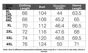 Size chart table for men's casual cotton jacket with length, chest, shoulder, and sleeve info