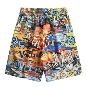 Men's loose elastic summer beach shorts featuring vibrant graffiti print and back pocket