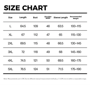 Detailed size chart for men casual padded baseball jacket including L to 5XL measurements
