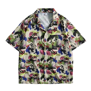 Men Casual Short Sleeve Shirt Polyester Spandex Loose Fit Abstract Graffiti Print Lapel Streetwear Summer Beach Top