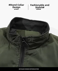 Detail of the army green bomber jacket featuring a ribbed knit collar and high-quality zipper
