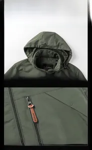 Detail of army green outdoor jacket featuring a smooth zipper with brown leather pull tab