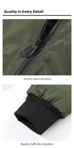 Detail of army green baseball jacket with black metal zipper and elastic ribbed cuffs