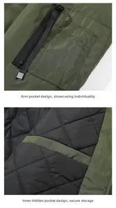 Detail of the military green bomber jacket sleeve pocket and diamond quilted lining