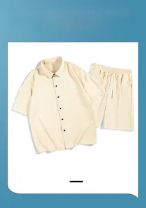 Detailed flat lay of beige ice silk short sleeve shirt and elastic drawstring shorts set