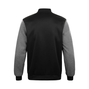 Rear view of lightweight color-block knit varsity jacket with gray sleeves and ribbed cuffs