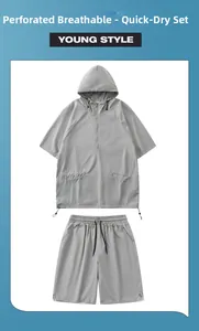 Detail of laser-perforated breathable fabric on grey quick-dry hooded sportswear set
