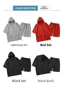 Four-panel view of hooded techwear set in grey, red, and black with drawstring details