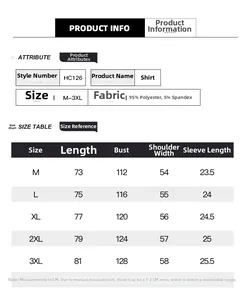 Detailed size chart for men's Hawaiian shirt with measurements from size M to 3XL