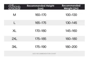 Size recommendation chart for men's Hawaiian shirt featuring M to 3XL height and weight guides