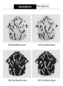 Flat lay view of men's casual Hawaiian shirts featuring black and white abstract art prints