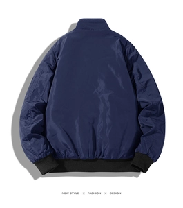 Back view of a navy blue bomber jacket with ribbed cuffs and smooth satin finish