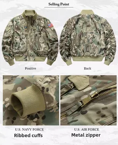 Detail view of camouflage bomber jacket featuring ribbed cuffs and metal zipper closure