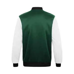 Back view of a satin color-block baseball jacket in dark green and white colors